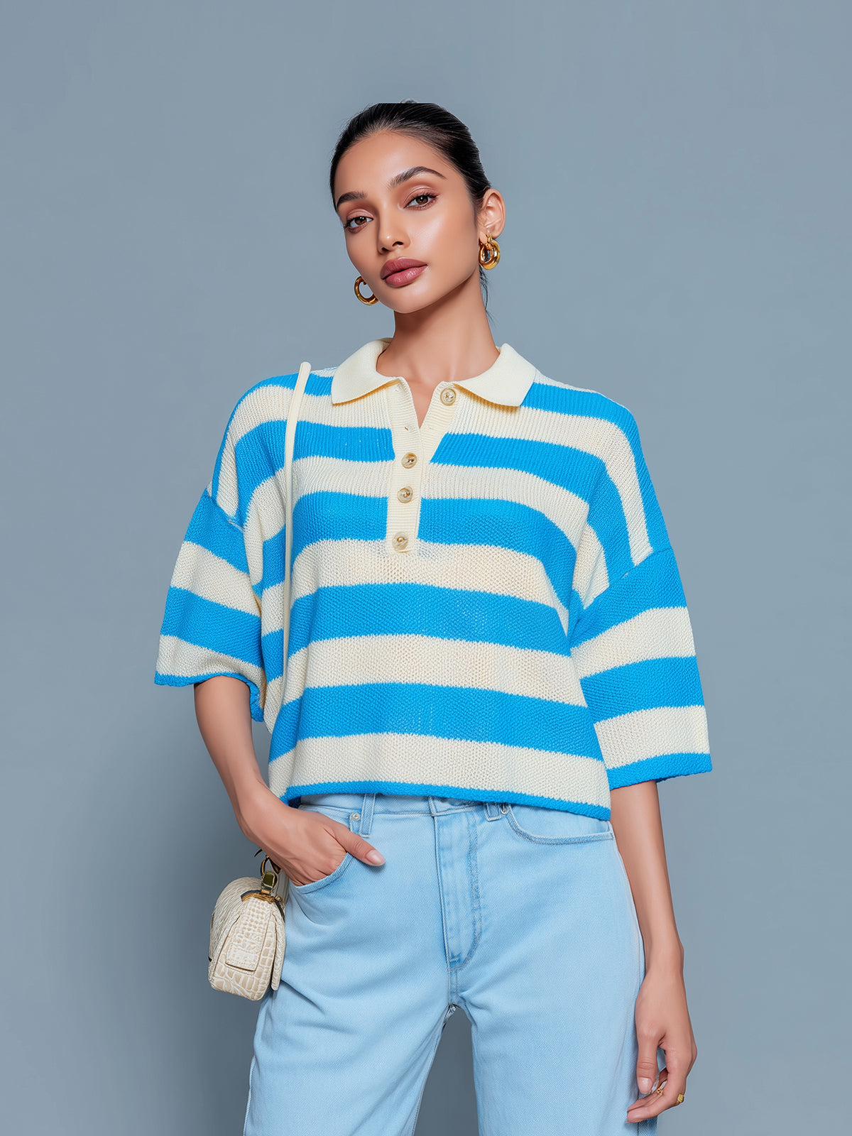 ElevenOra Chic Casual Blue White Stripes Button-Up Lapel Collar Short-Sleeve Loose-Fit Knit Cropped Sweater Top