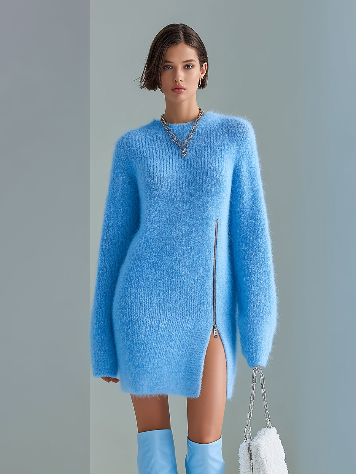 ElevenOra Chic Casual Blue Round Neck Long Sleeve Zipper-Front Side Slit Oversized Fuzzy Knit Mini Dress