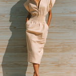 ElevenOra Chic Elegant Light Pink Cotton Lapel Collor Zipper-Front Short-Sleeve Elastic-Waist Midi Dress