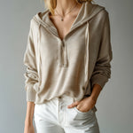 ElevenOra Chic Casual Beige Hooded Half-Zip Drawstring Oversized Knit Sweater