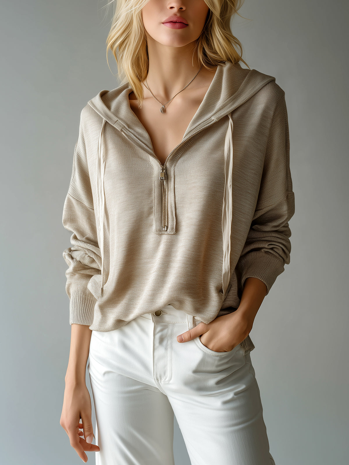 ElevenOra Chic Casual Beige Hooded Half-Zip Drawstring Oversized Knit Sweater