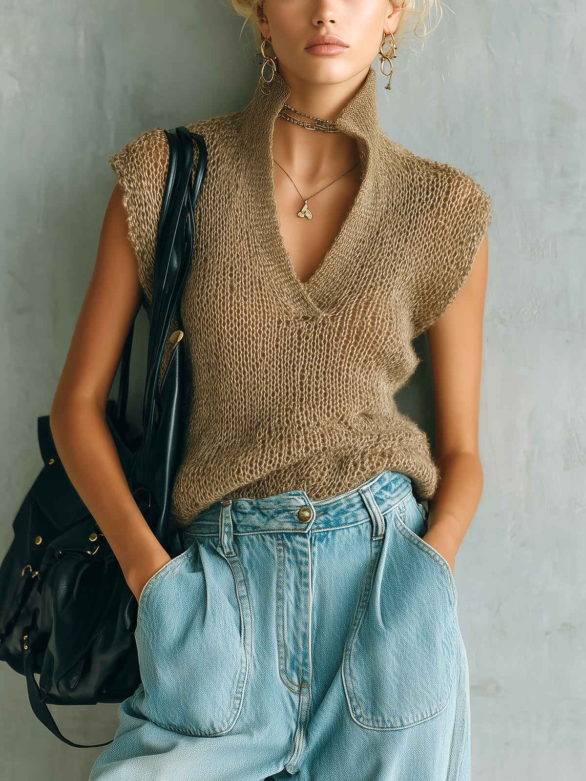 ElevenOra Chic Elegant Camel Stand Collar Loose-Fit Knit Hollow Mesh Knit Vest Top