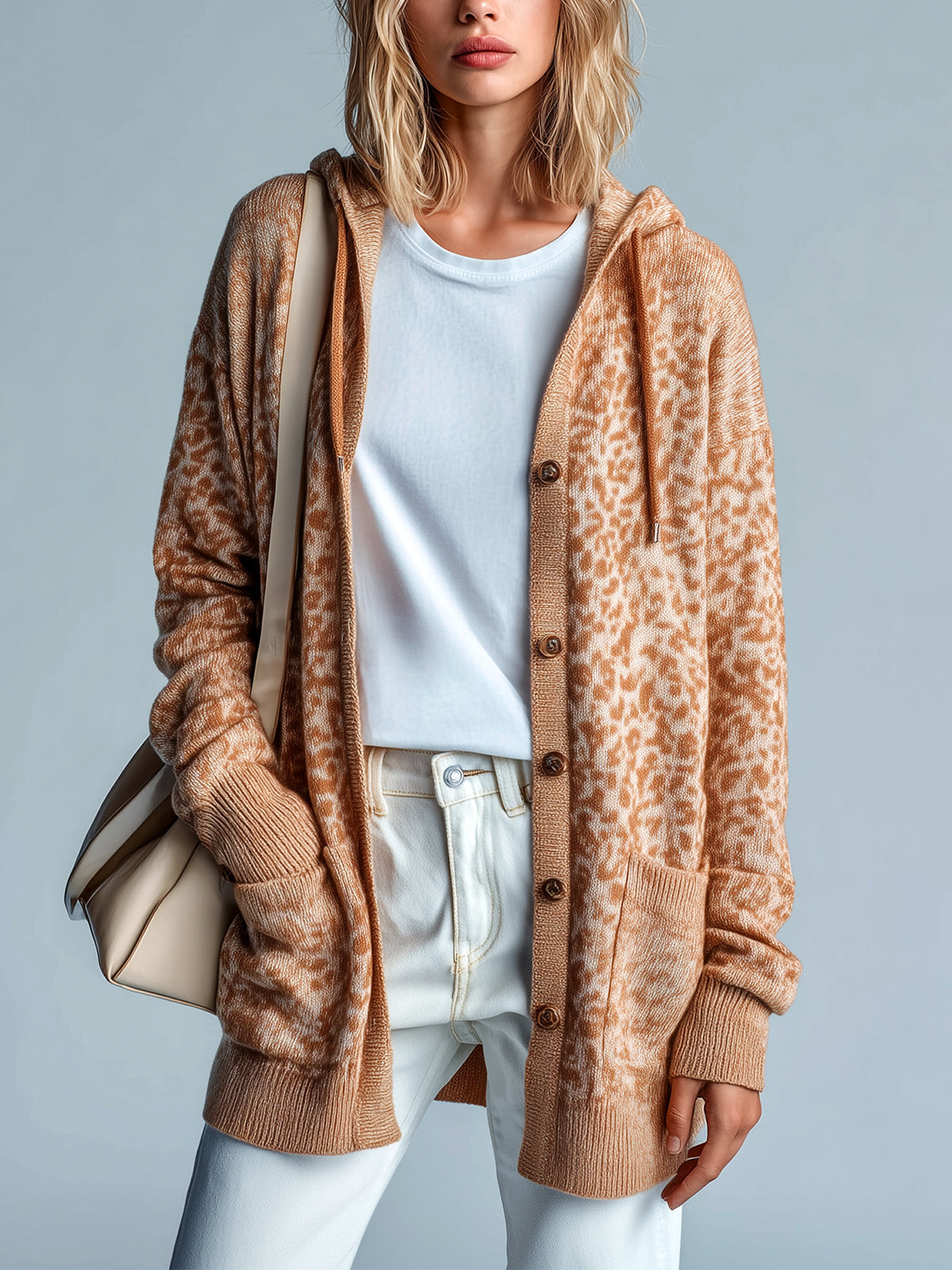 ElevenOra Chic Vintage Khaki Leopard Hooded Single-Breasted Patch Pocket Mid-Length Slouchy Knit Cardigan