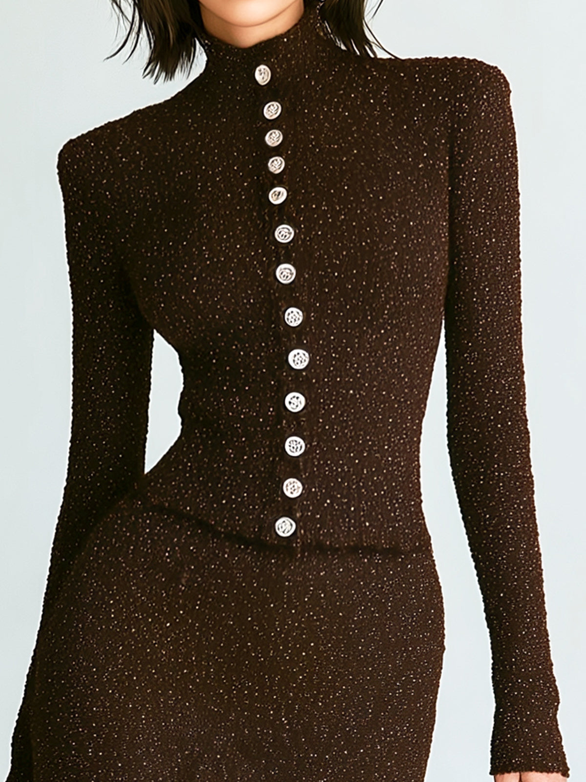 ElevenOra Elegant Mock Neck Button Detail Long Sleeve Fitted Knit Sweater With Slit Flounce Hem Midi Skirt Two-Piece Set