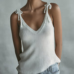 ElevenOra Chic Casual White Self-Tie Strap V-Neck Slim-Fit Knit Camisole