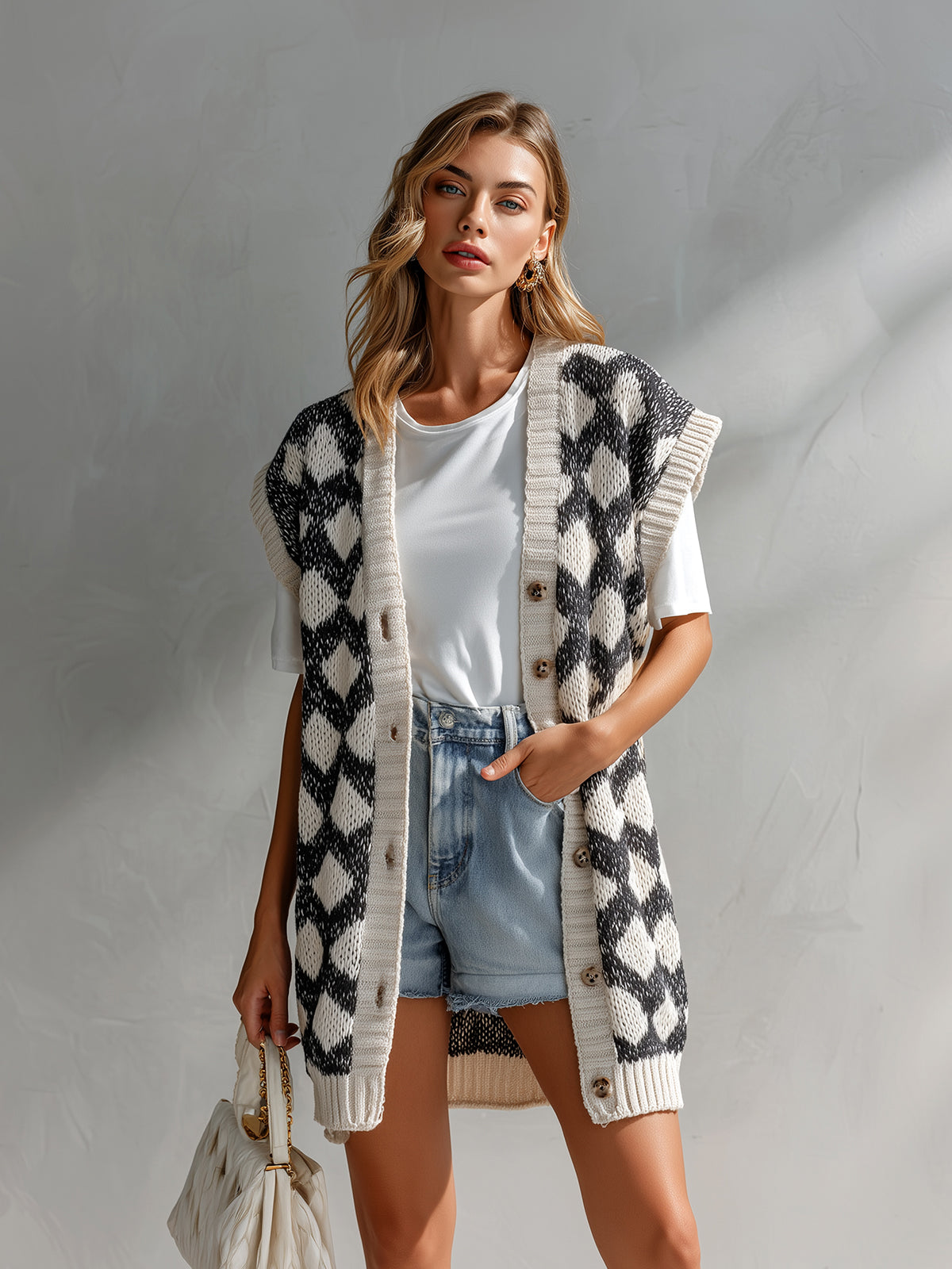 ElevenOra Chic Casual Black-Beige Geometric Jacquard V-Neck Single-Breasted Sleeveless Oversize Knit Vest