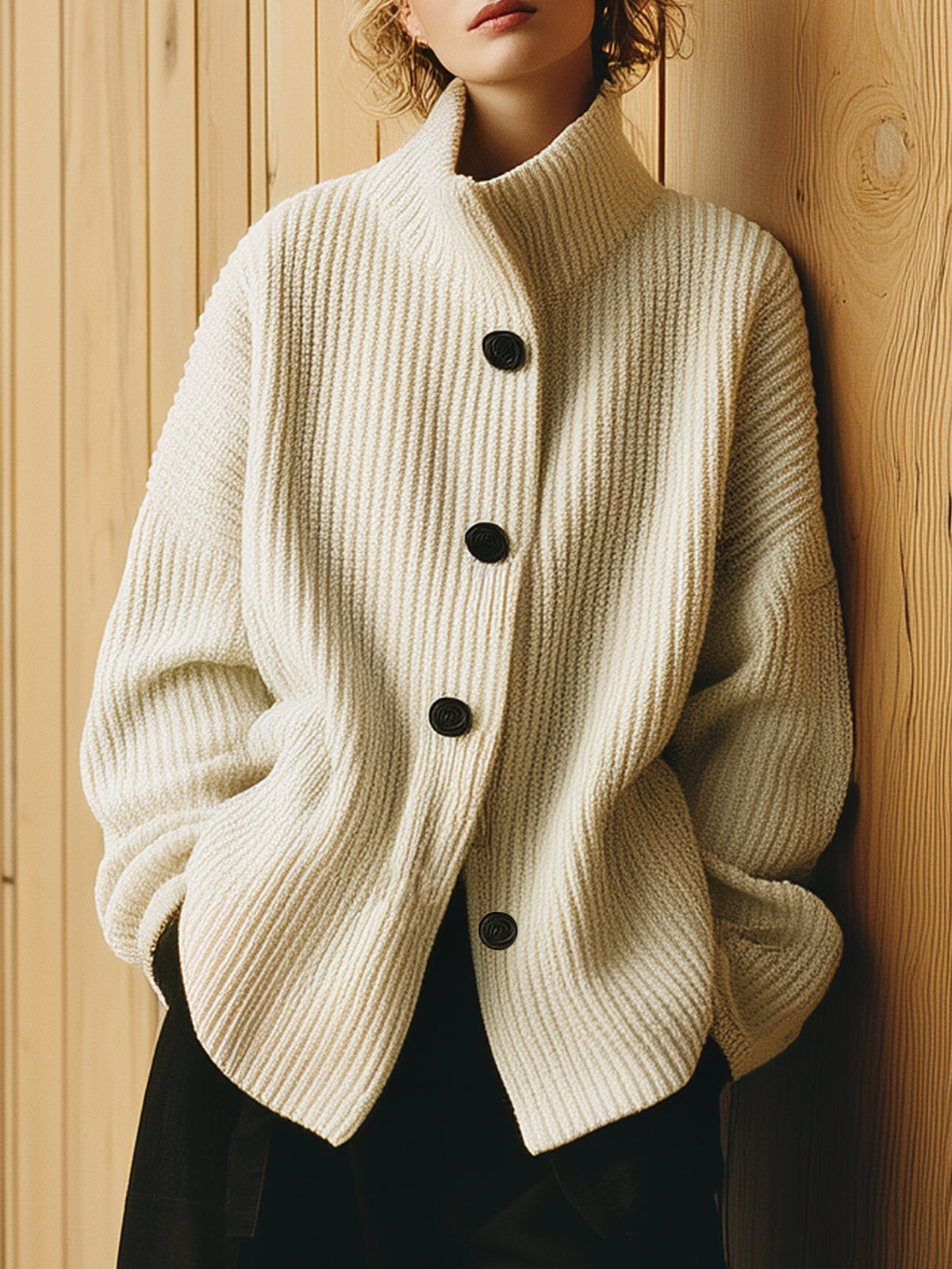 ElevenOra Chic Vintage Beige Stand Collar Single-Breasted Long-Sleeve Oversized Ribbed Knit Cardigan