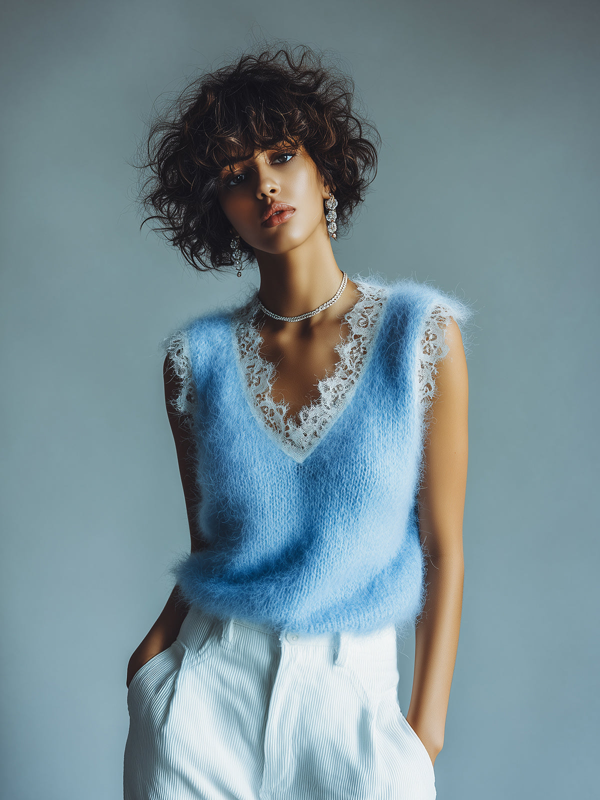 ElevenOra Chic Vintage Blue V-Neck Lace Trim Details Sleeveless Loose-Fit Fuzzy Knit Tank Top