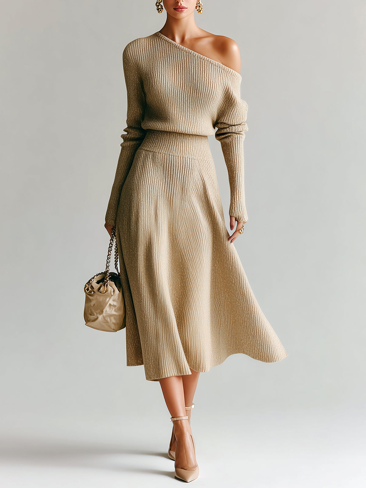 ElevenOra Chic Elegant One-Shoulder Long Sleeve Sweater A-Line Midi Skirt Knit Two-Piece Set
