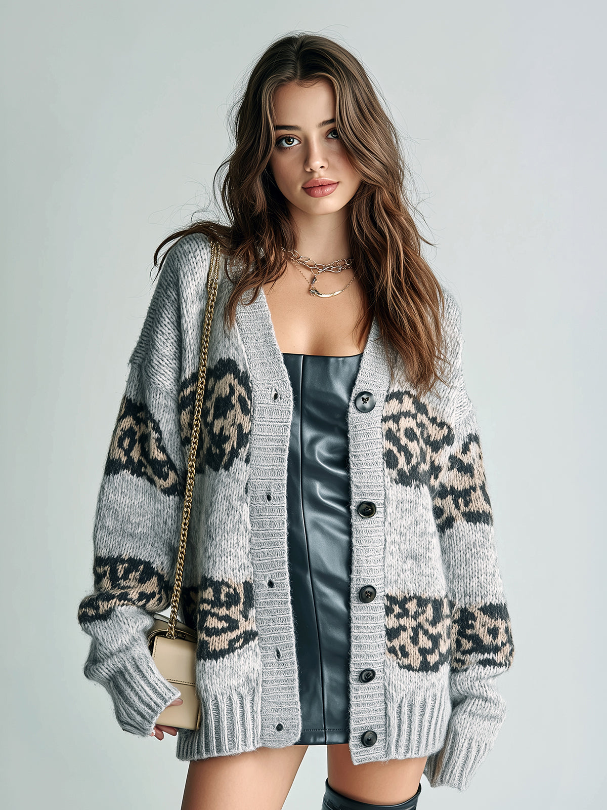 ElevenOra Chic Vintage Leopard Jacquard Colorblock V-neck Single-breasted Long-sleeved Knit Cardigan