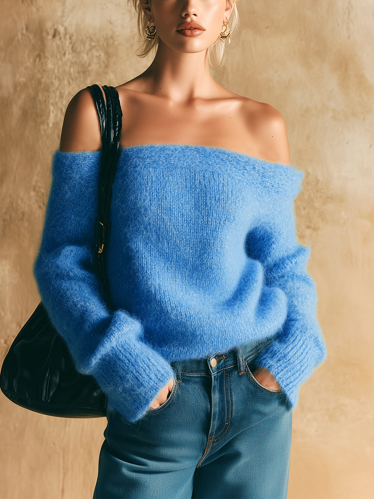 ElevenOra Chic Vintage Dark Blue Off The Shoulder Long Sleeve Oversized Fuzzy Knit Sweater