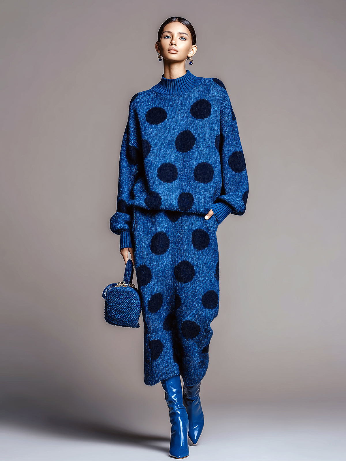 ElevenOra Chic Contrast Polka Dot Mock Neck Long Sleeve Top Midi Skirt Knit Two-Piece Set