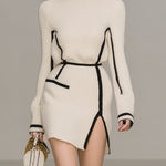 ElevenOra Stylish High-neck Color-blocked Line Hem Slit Knitted Loose Mini Dress
