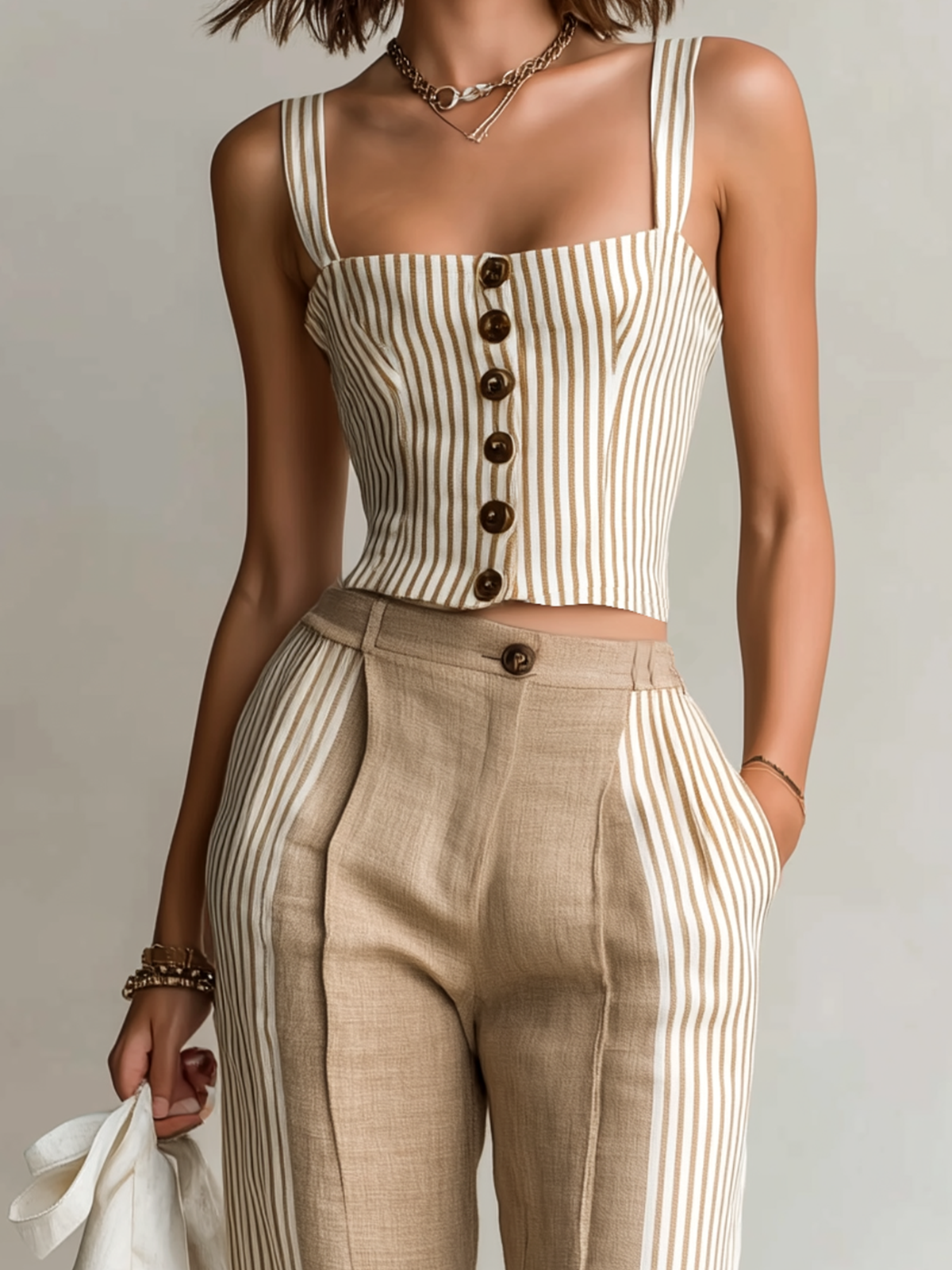 ElevenOra Chic Elegant Beige Striped  Button-Front Slim Fit Tank Top Colorblock Cotton Linen Wide-Leg Pants Two-Piece Set