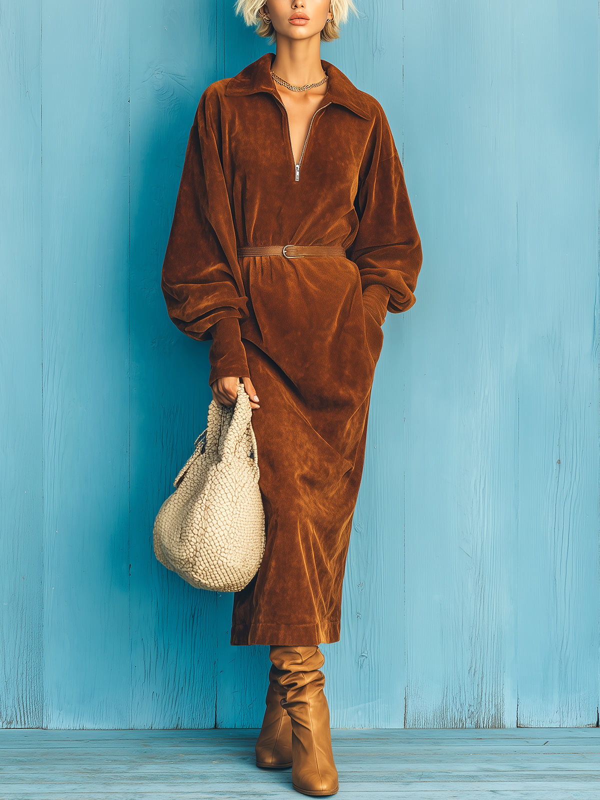 ElevenOra Chic Vintage Caramel Brown Velvet Lapel Collar Zipper-Front Lantern Sleeve Belted Loose Maxi Dress