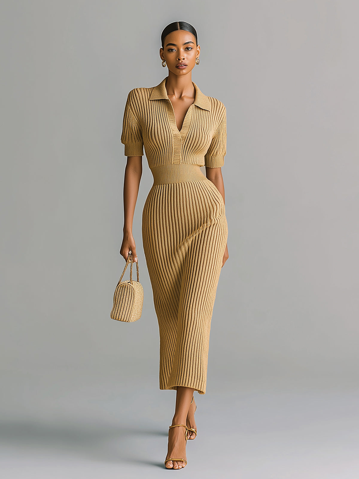 ElevenOra Chic Elegant Khaki Lapel Collar V-Neck Short-Sleeve Tailored Waist Ribbed Knit Midi Dress