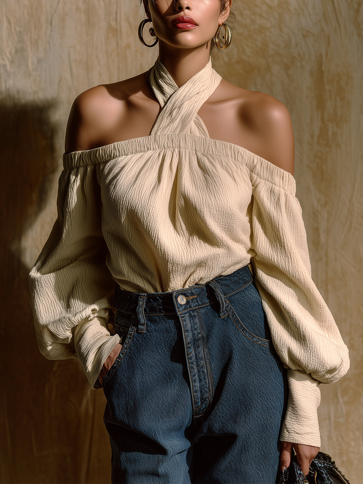 ElevenOra Chic Vintage Apricot Cotton Blend Pleated Fabric Halter Off The Shoulder Long Lantern Sleeve Oversized Shirt