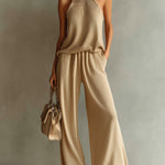 ElevenOra Chic Elegant Camel Mock-Neck Sleeveless Loose-Fit Tank Top Wide-Leg Pants Knit Two-Piece Set