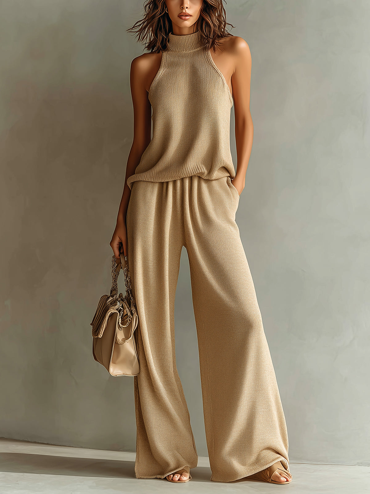 ElevenOra Chic Elegant Camel Mock-Neck Sleeveless Loose-Fit Tank Top Wide-Leg Pants Knit Two-Piece Set