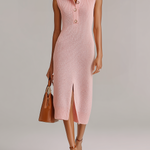 ElevenOra Stylish Elegant Pink Lapel Sleeveless Button-Up Slim-Fit Front Slit Ribbed Knit Midi Dress