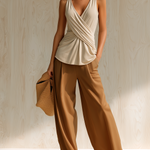 ElevenOra Chic Elegant Beige V-neck Wrap Twist Sleeveless Tank Top Camel Cotton Wide-Leg Pants Two-Piece Set