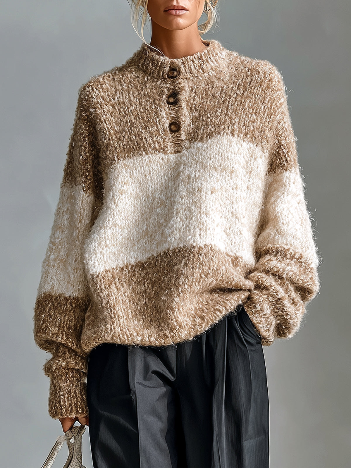 ElevenOra Chic Vintage Contrast Panel Henley Collar Oversized Long-sleeved Knit Sweater