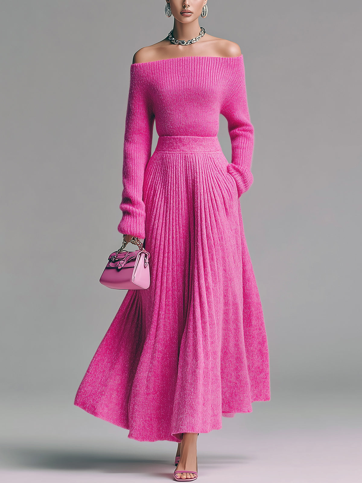 ElevenOra Vintage Elegant Off-The-Shoulder Long-sleeved Sweater Pleated Maxi Skirt Knitted Two-piece Set