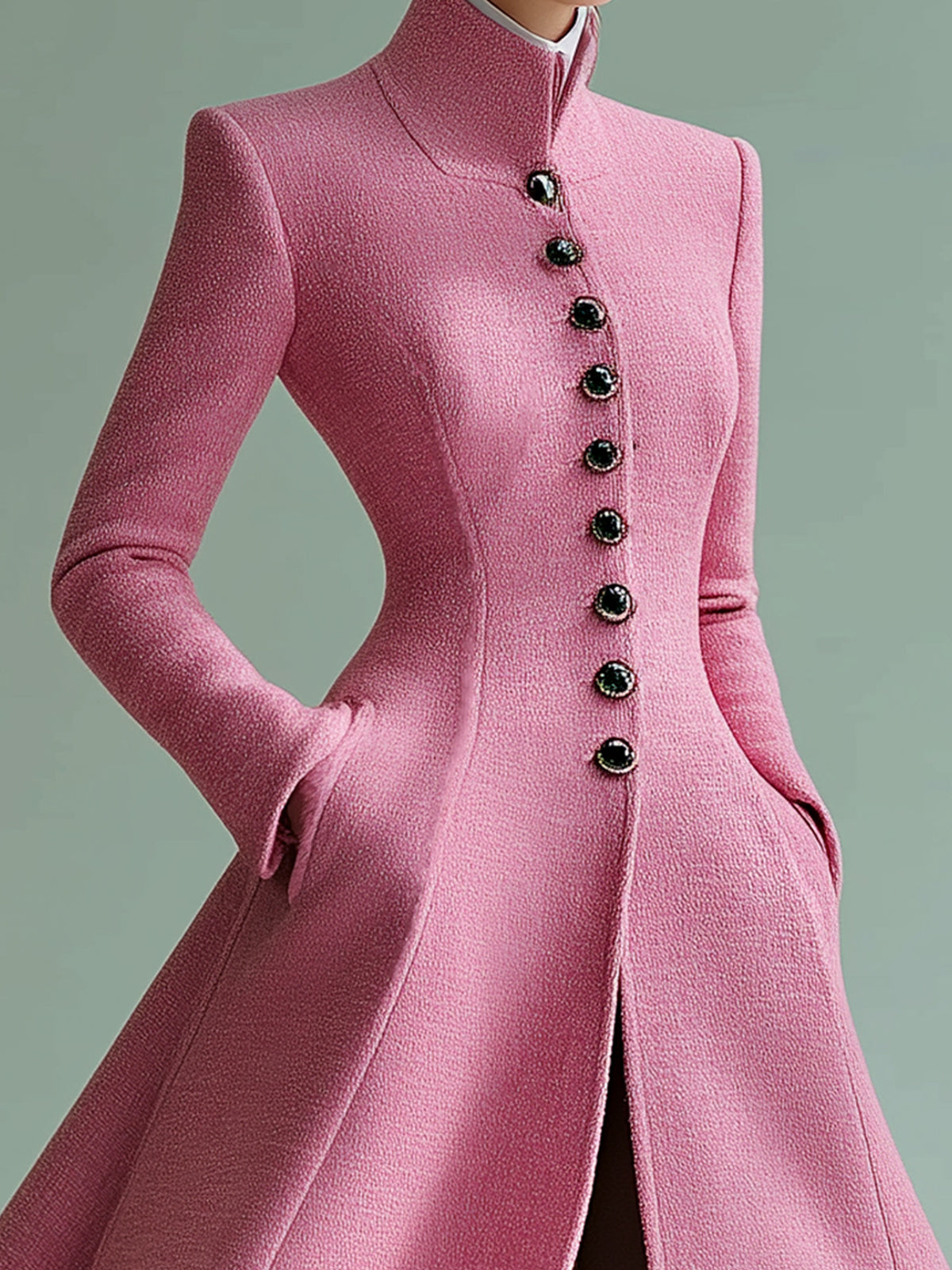 ElevenOra Vintage Pink Stand-up Collar Wool Blend Single-breasted Tailored Maxi Dress Coat