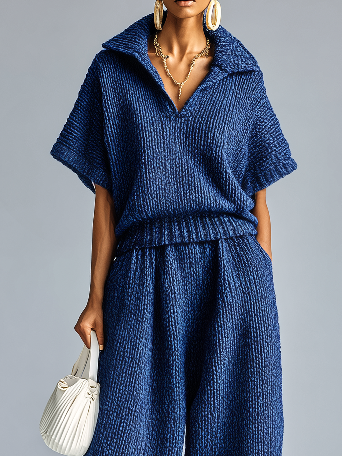 ElevenOra Fashion Casual Dark Blue Lapel V-neck Short-Sleeve Loose Sweater Wide-Leg Pants Knit Two-Piece Set