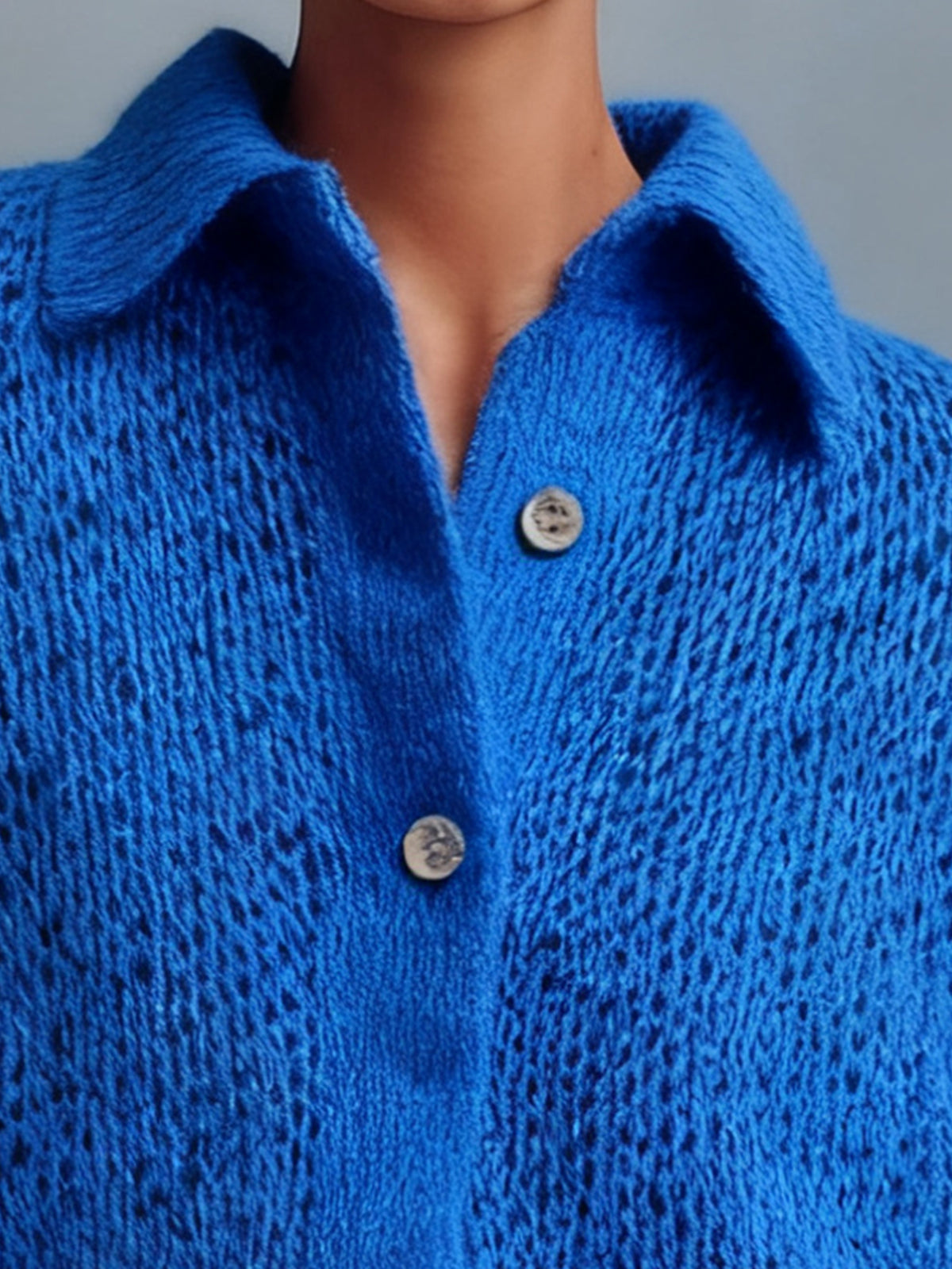 ElevenOra Chic Casual Royal Blue Lapel Button-Front Oversized Long-Sleeve Knit Shirt Sweater