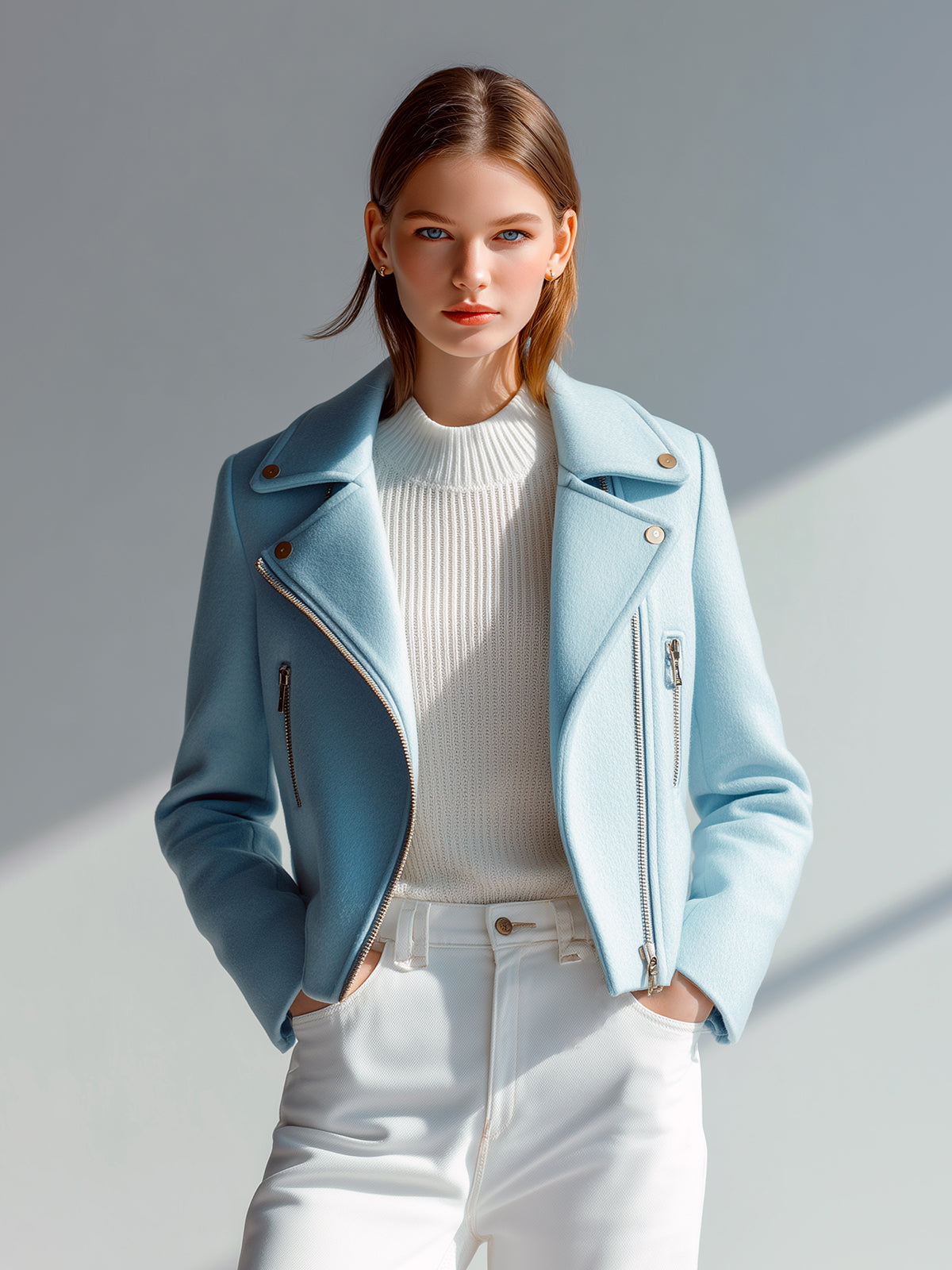 ElevenOra Chic Casual Light Blue Wool Blend Lapel Metal Zip Short Biker Style Jacket