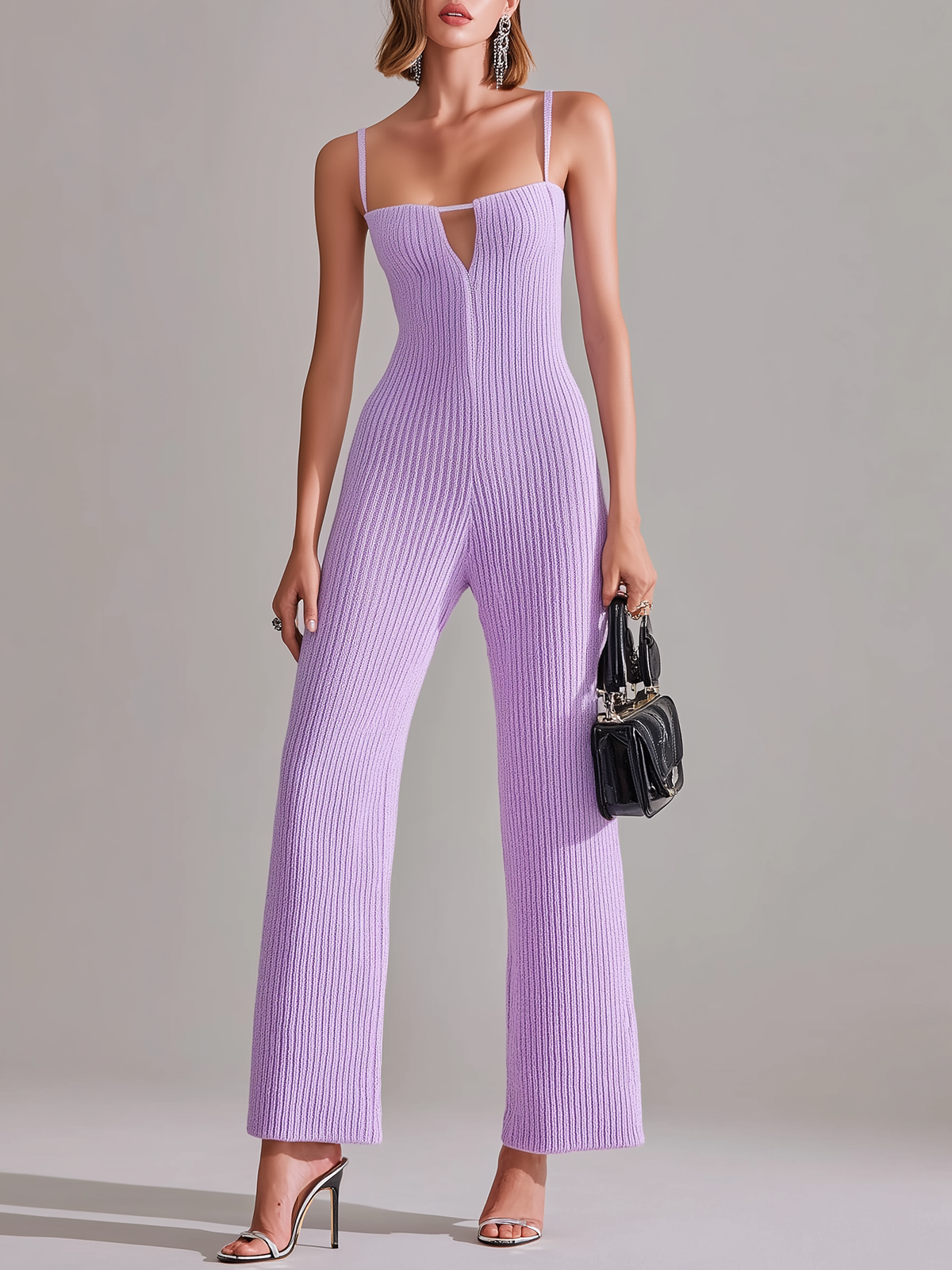 ElevenOra Stylish Elegant Light Purple Strappy Hollow-Out Wide-Leg Knit Jumpsuit