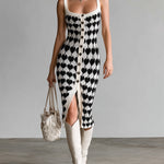 ElevenOra Chic Elegant Black-White Heart Pattern Strappy Single-Breasted Slim-Fit Knit Midi Dress