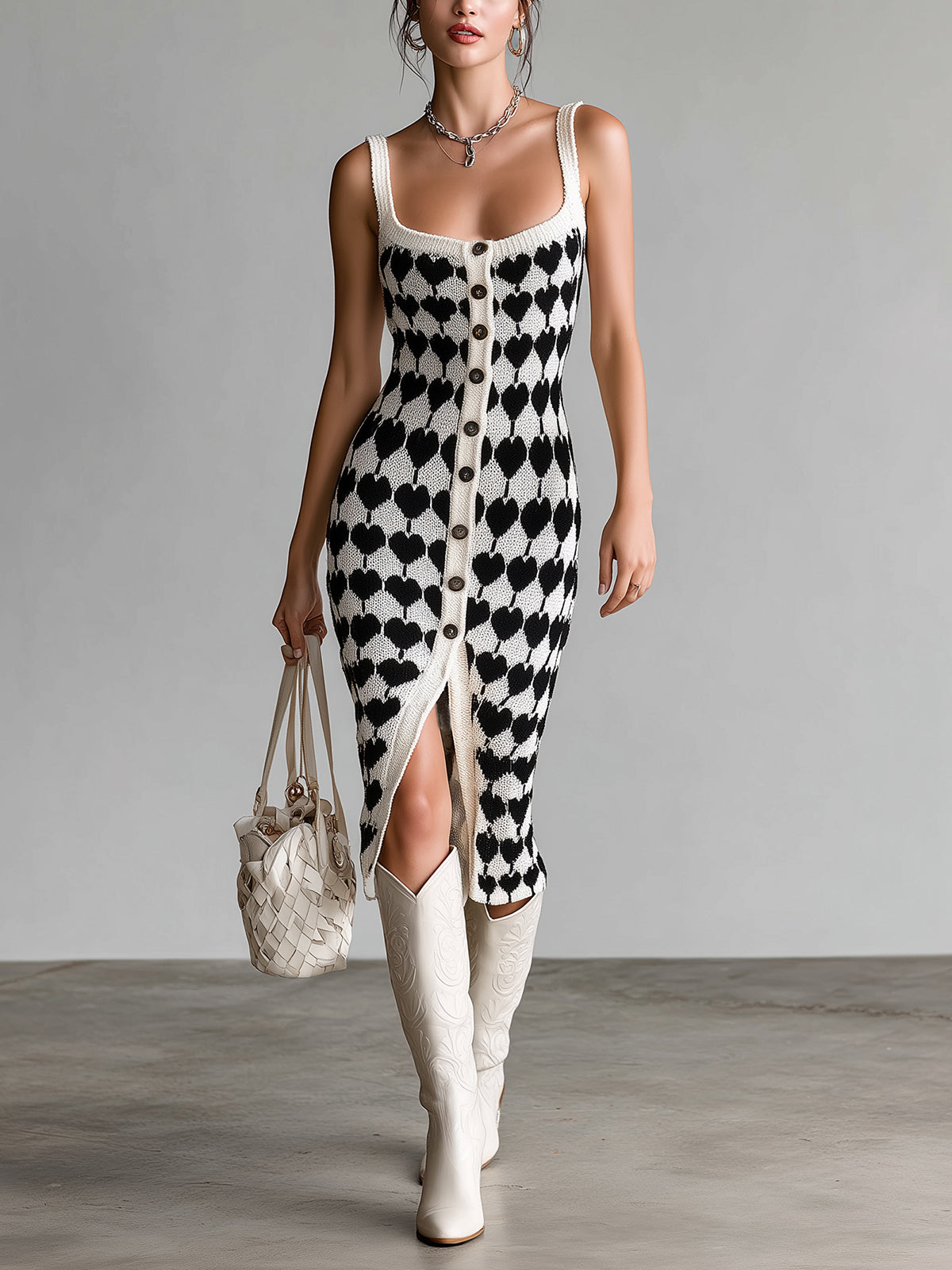 ElevenOra Chic Elegant Black-White Heart Pattern Strappy Single-Breasted Slim-Fit Knit Midi Dress