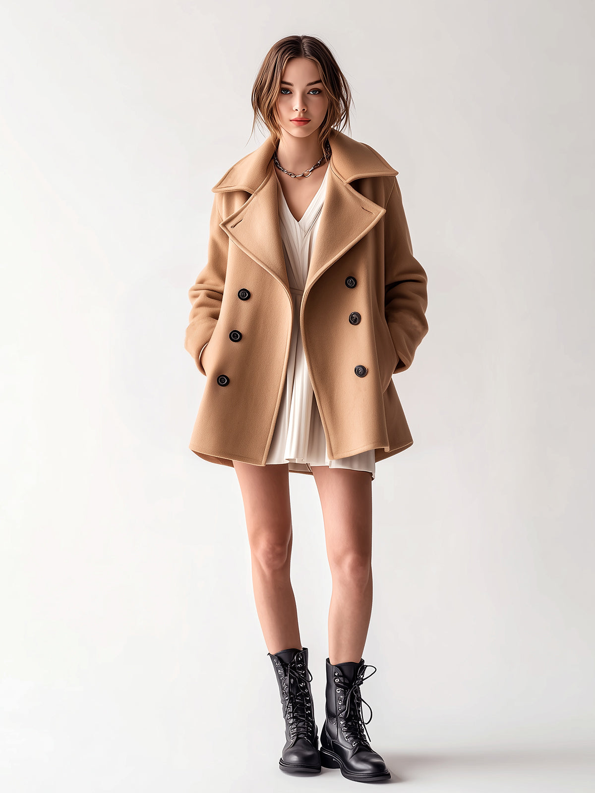 ElevenOra Chic Vintage Camel Wool Blend Lapel Double-Breasted Belted Oversized Peacoat