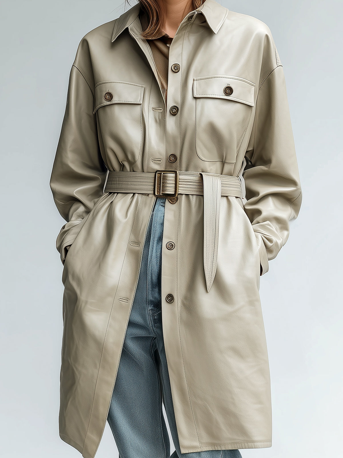 ElevenOra Chic Casual Light Khaki Faux Leather Utility-Style Lapel Single Breasted Belted Mid-Length Coat