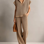 ElevenOra Chic Elegant Camel Stand Collar V-Neck Off-Shoulder Oversize Vest Beige Wide-Leg Pants Knit Two-Piece Set