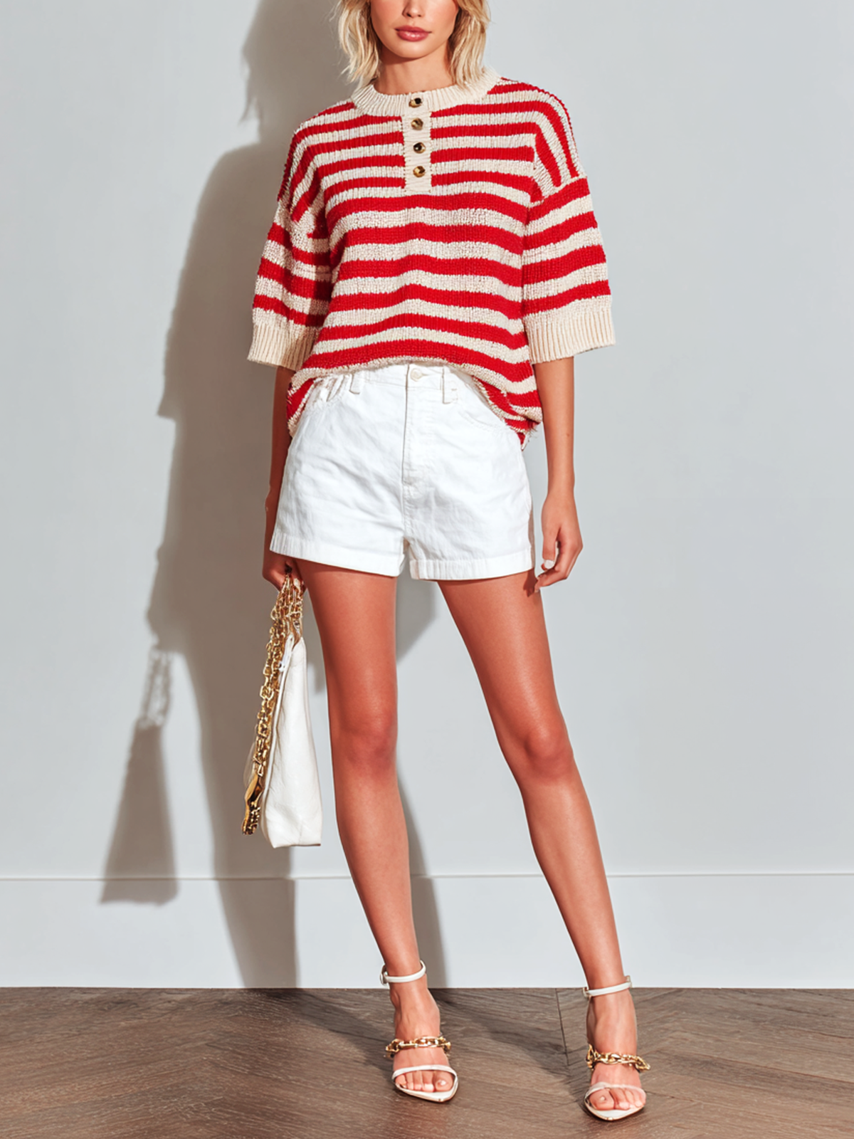 ElevenOra Chic Elegant Beige-Red Striped Crew Neck Button-Up Short-Sleeve Loose Knit Sweater Top White Cotton Shorts Two-Piece Set