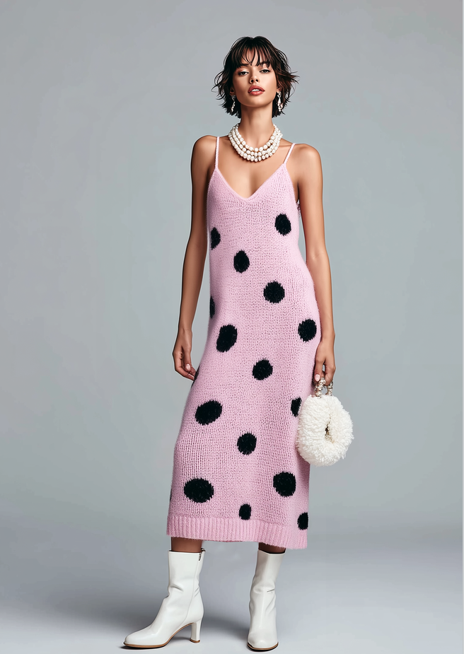 ElevenOra Stylish Elegant Pink Polka Dot V-Neck Strappy Loose Ribbed Knit Midi Dress