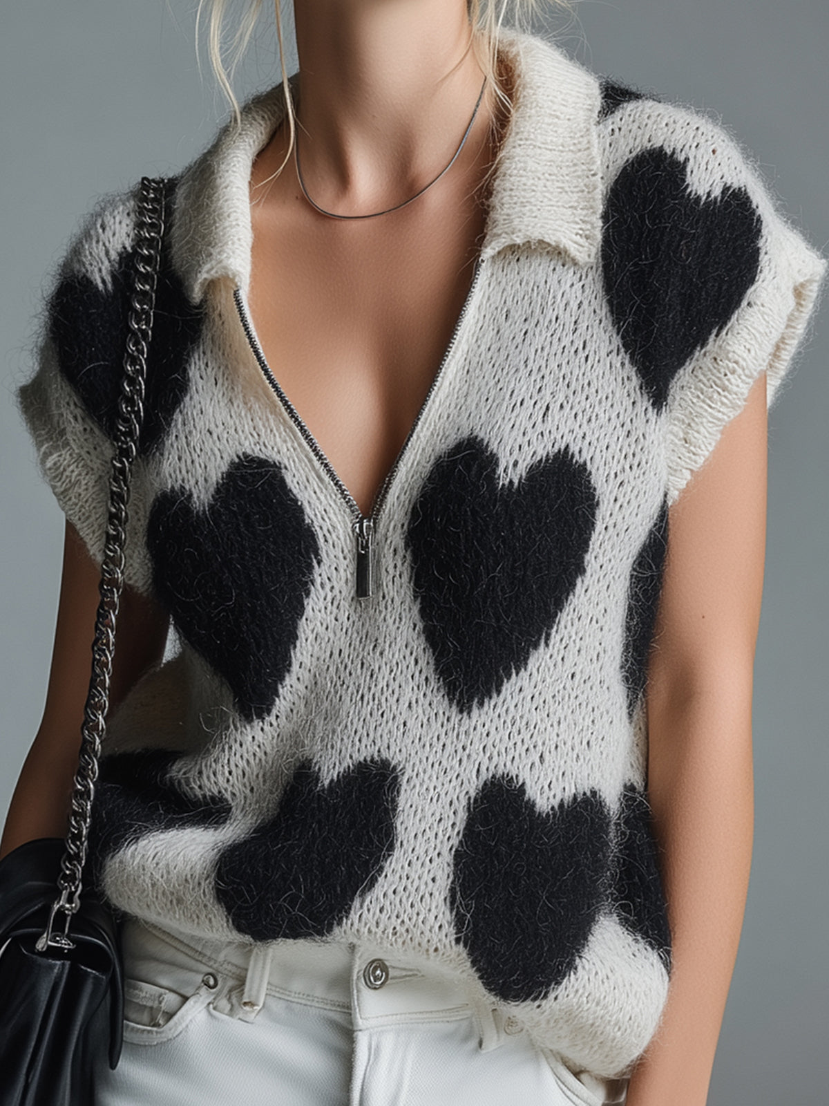 ElevenOra Chic Casual Black White Heart Pattern Zipper-Up Lapel Collar Short-Sleeve Loose-Fit Mohair Knit Sweater Top