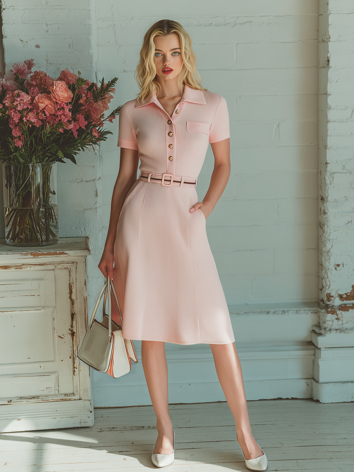 ElevenOra Chic Vintage Pink Polo Collar Short Sleeve Button-Front Belted Patch Pocket Slim-Fit Flare Hem Ribbed Knit Midi Dress