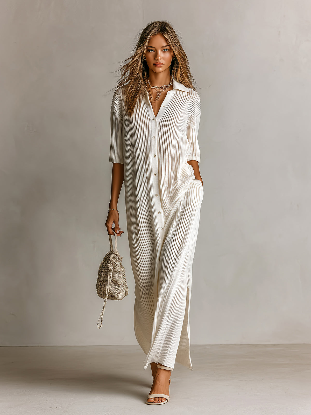 ElevenOra Chic Elegant Cream White Lapel Collar Single-Breasted Short-Sleeve Loose-Fit Side-Slit Ribbed Knit Maxi Dress