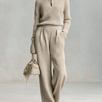 ElevenOra Casual Elegant Zipper Stand Collar Long Sleeve Sweater Wide Leg Pants Ribbed Knitted Two-piece Set