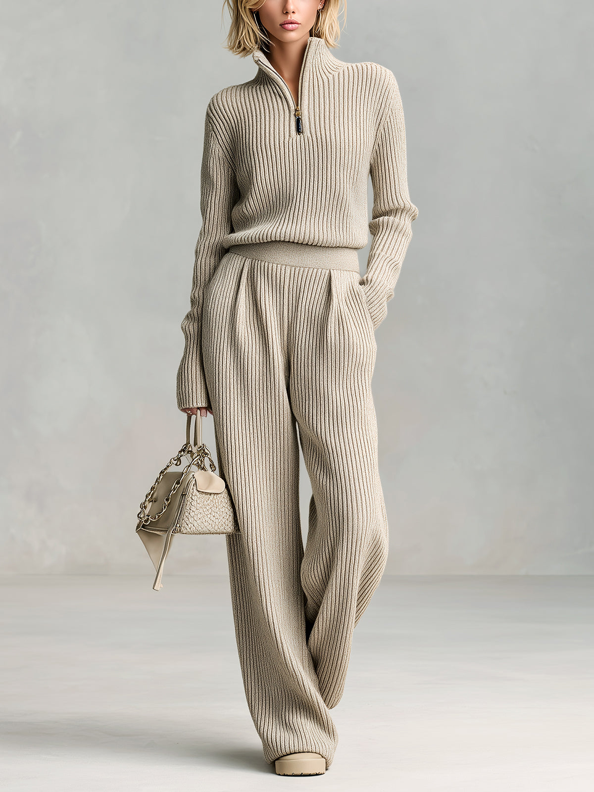 ElevenOra Casual Elegant Zipper Stand Collar Long Sleeve Sweater Wide Leg Pants Ribbed Knitted Two-piece Set