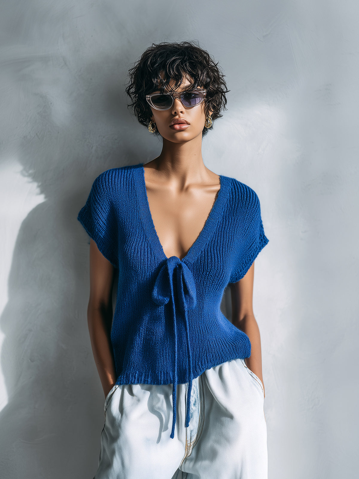 ElevenOra Chic Casual Royal Blue Deep V-Neck Tie-Bow Short-Sleeve Loose-Fit Knit Sweater Top