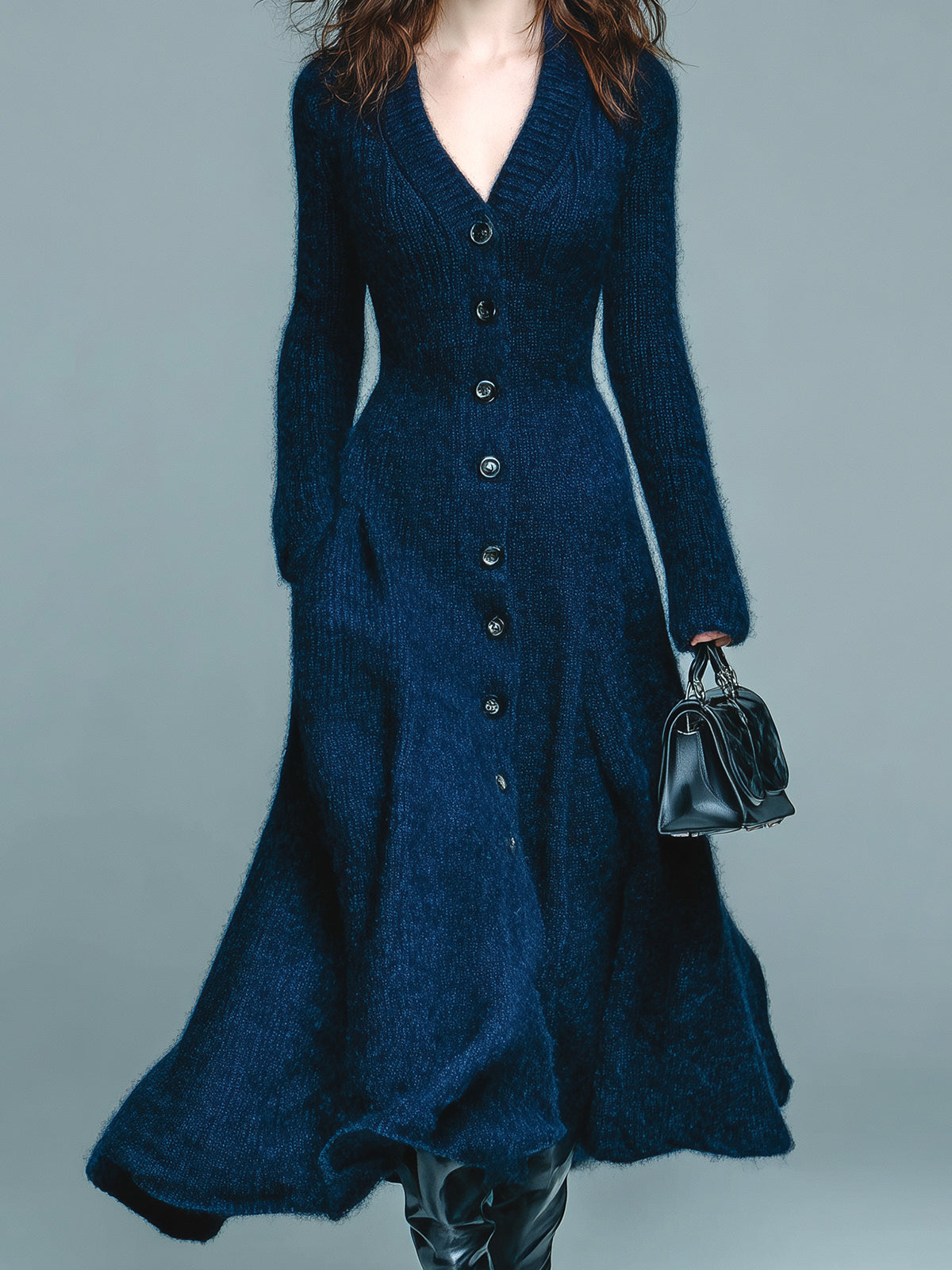 ElevenOra Chic Elegant Royal Blue V-Neck Single-Breasted Long Sleeve Slim Fit Fuzzy Knit Flared Hem Maxi Dress