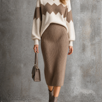 ElevenOra Chic Elegant Off White-Camel Colorblock Turtleneck Chevron Jacquard Long Sleeve Loose-Fit Sweater High‑Waist Midi Skirt Knit Two-Piece Set