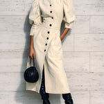 ElevenOra Chic Elegant Cream White Faux Suede Round Neck Single-Breasted Puff Sleeve Tailored Waist Slim-Fit Midi Dress