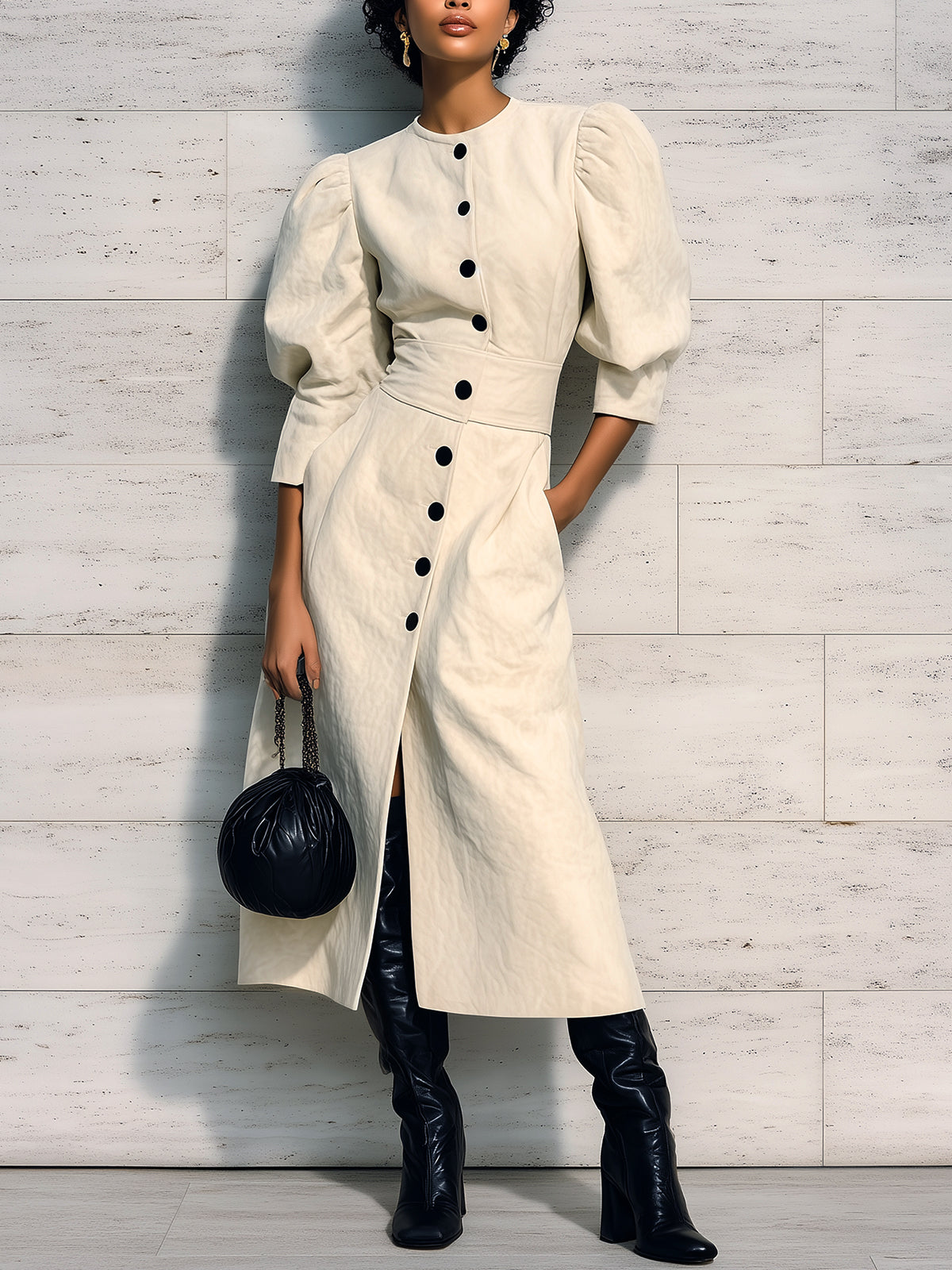 ElevenOra Chic Elegant Cream White Faux Suede Round Neck Single-Breasted Puff Sleeve Tailored Waist Slim-Fit Midi Dress