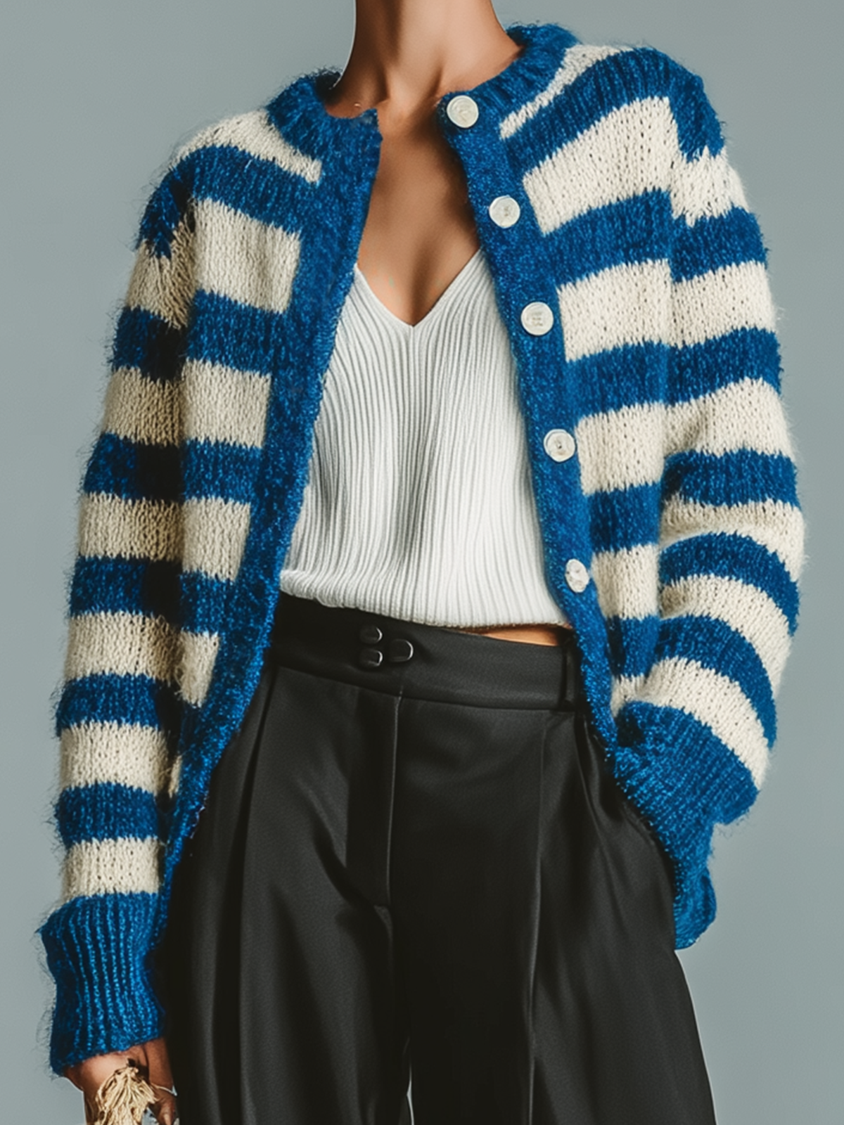 ElevenOra Fashion Casual Blue And White Striped Cardigan Long-Sleeved Loose Soft Knitted Cardigan